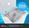 An open chest freezer with a wire basket inside, showing a blue overlay with text and a logo at the bottom. Produktbild-Vorschau