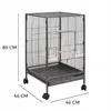 A metal bird cage with wooden perches and wheels, with dimensions indicated. Náhled obrázku produktu