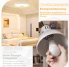 A collage showing a bedroom with a ceiling light, a close-up of a hand holding an LED bulb, and text highlighting energy saving. Produktbild-Vorschau