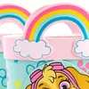 Close-up of the top part of two children's rain boots decorated with rainbows and clouds. Náhled obrázku produktu