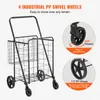 A black shopping trolley with close-up images of its wheels and text highlighting its features. Podgląd zdjęcia produktu