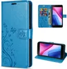 Collage of a blue flip phone case with floral and butterfly embossing, showing the case open with a phone inside, and the phone standing up using the case. Produktbild-Vorschau