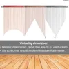 Three different colored string curtains are shown hanging from a rod, with examples of how they can be cut to different shapes. Below the curtains is a grey bar with text describing their versatility, and below that is a wooden floor. Náhľad obrázku produktu