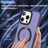 A hand is holding a purple phone case with a magnetic ring on the back, against a dark, silky background. Text overlays describe the case's features. Náhled obrázku produktu
