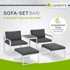A marketing image showcasing a sofa set with chairs and ottomans, featuring integrated table functionality. Produktbild-Vorschau