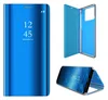 A collage of product images showing a blue flip case for a smartphone, including a front view, an open view, and a view of the phone inside the case. Produktbild-Vorschau