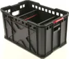 A black plastic storage crate with internal dividers and red accents. Voir les images du produit