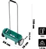 A green wheeled spreader with dimensions and capacity indicated by text and icons. Podgląd zdjęcia produktu