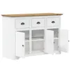 A white sideboard with a wooden top and three drawers and three doors, shown against a white background. Podgląd zdjęcia produktu