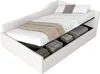 A white upholstered daybed with storage compartments underneath, showing folded blankets and storage boxes. Voir les images du produit