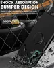 A black phone case with a ring holder is shown falling and shattering concrete, emphasizing its shock absorption capabilities. Produktbild-Vorschau