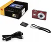 A product shot of a Kodak digital camera and its accessories, including the packaging, a battery, a USB cable, and a wrist strap. Podgląd zdjęcia produktu