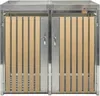 A front view of a double-door trash can enclosure with wooden slats and metal accents. Náhled obrázku produktu
