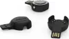 Three views of a black Polar OH1 optical heart rate sensor and its charging accessories, presented on a white background. Náhled obrázku produktu