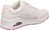 A side view of a white sneaker with pink accents. Voir les images du produit