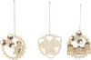 Three wooden Christmas ornaments hanging from strings against a white background. Produktbild-Vorschau
