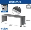 A diagram and close-up views of a metal bench with dimensions and weight information. Produktbild-Vorschau