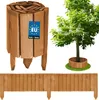 A collage of wooden garden edging products, including a rolled border, a tree with a wooden base, and a straight border. Produktbild-Vorschau