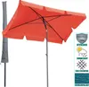 An orange rectangular umbrella is shown open, with a gray umbrella cover standing next to it. A set of icons and text indicating product features is on the right side of the image. Produktbild-Vorschau