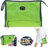 A collage of images showing a green toiletry bag and its contents, as well as a person holding a smaller version of the bag.