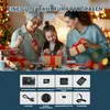 A family is opening gifts on Christmas, and a young girl is excited to find a camera inside one of the boxes. Below the image are icons representing the camera and its accessories. Produktbild-Vorschau