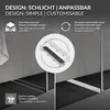 A diagram illustrating the dual-sided functionality of a shower drain, with one side designed for tile integration and the other for a stainless steel look. The image also shows the product in situ in a bathroom setting. Podgląd zdjęcia produktu