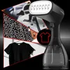 A collage of images showing a portable garment steamer and different types of clothing. The steamer is black with a transparent water tank. The clothing includes a floral print dress, a checkered jacket, and a black t-shirt on a hanger. Produktbild-Vorschau