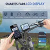 A person's hand is shown interacting with a smartphone mounted on an e-bike handlebar, next to the e-bike's display screen. Produktbild-Vorschau