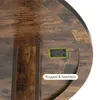 Close-up view of the underside of a wooden table, showing a metal bracket and a text overlay. Voir les images du produit