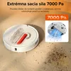 A white robot vacuum cleaner is shown on a textured carpet, with a smaller inset image demonstrating its suction power. Text overlays highlight its cleaning capabilities. Náhľad obrázku produktu