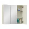 A mirrored medicine cabinet with two doors on the left and one door open on the right, revealing shelves with cosmetic products. Produktbild-Vorschau