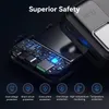 A close-up view of a black power bank with its internal circuitry exposed, highlighting its safety features. Produktbild-Vorschau