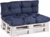 A dark blue tufted cushion set on a white wooden pallet base, presented against a white background. Voir les images du produit