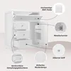 A diagram highlighting the features of a white bathroom vanity cabinet. Podgląd zdjęcia produktu