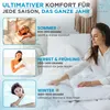 A collage of three images showing women in bed with duvets, alongside text describing different seasons and duvet weights. Produktbild-Vorschau