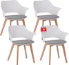 Four white dining chairs with black and white checkered seat cushions and light wood legs are arranged in a grid formation against a white background. One chair has a small red and white Swiss flag sticker with text. Produktbild-Vorschau