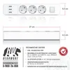 A diagram showing the dimensions and technical specifications of a white power strip with three outlets and three USB ports. Anteprima dell’immagine prodotto