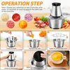 A collage of images showing the steps to assemble and use a food chopper, with ingredients and the final product. Produktbild-Vorschau