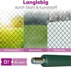A collage showing a green wire mesh fence under different weather conditions: sunny, rainy, and snowy. Text overlays describe its durability and features. Below are two logo-like elements and a close-up of a green roll of material. Produktbild-Vorschau