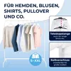 A clothes rack with several shirts and sweaters hanging on it, along with marketing graphics highlighting product features. Produktbild-Vorschau