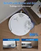 A white robot vacuum cleaner is shown cleaning near the edge of a wall and under furniture, with text overlays highlighting its features. Produktbild-Vorschau