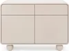 A front view of a beige sideboard with rounded corners and spherical feet. Produktbild-Vorschau