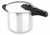 A stainless steel pressure cooker with a black handle and lid. Podgląd zdjęcia produktu