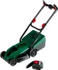 A green and black toy lawnmower with a red battery pack accessory, shown on a white background. Produktbild-Vorschau
