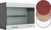 A wall-mounted cabinet with glass doors and drawers, shown with three circular swatches representing different color options. Náhľad obrázku produktu