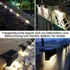 A collage of four images showing solar stair lights installed in various outdoor settings, including stairs, a fence, and a walkway, with text overlay describing their use. Produktbild-Vorschau