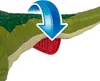 A close-up of a toy dinosaur's tail with a red mechanism and a blue arrow indicating movement. Náhled obrázku produktu
