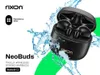 A black RIXON NeoBuds wireless stereo earbud case is shown with water splashing around it, against a white and green background. Produktbild-Vorschau