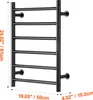 A black, wall-mounted, heated towel rack with six bars is shown against a white background. Dimensions are indicated with text and lines. Podgląd zdjęcia produktu