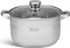 A stainless steel pot with a glass lid, shown from the front on a white background. Náhled obrázku produktu
